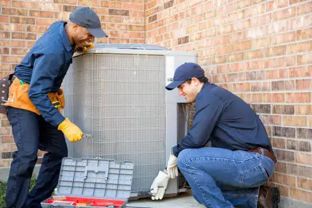 Technician installing new indoor HVAC unit during residential system replacement