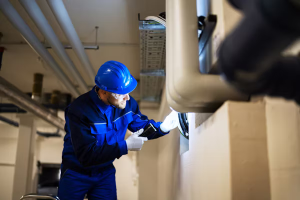Skilled HVAC technician checking airflow readings during precise new system startup, HVAC technician checking system airflow readings and electrical connections during installation